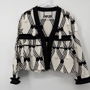 ALEXIS Black White Diamond Tassel Jacket Blazer Cotton‎ Luxury $697 Size Medium